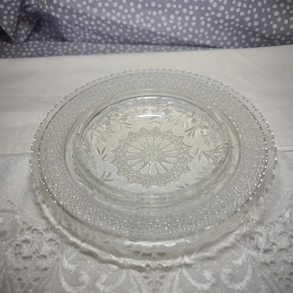 Antique EAPG Indiana Pressed Glass Shallow Dish Bowl‎ ROSEPOINT BAND WATER LILY
